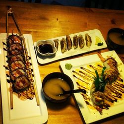 Close-up of food served on table