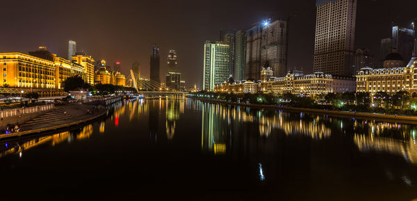 Reflection of illuminated city on river at night