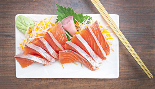 High angle view of food in plate on table