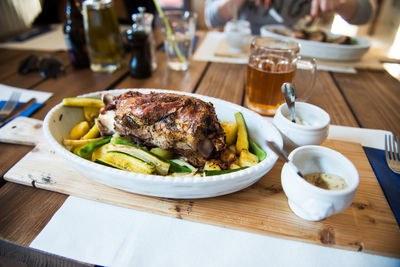 High angle view of food served on table