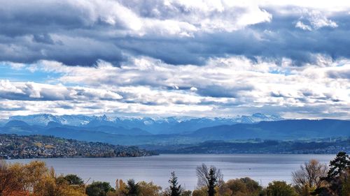 Scenic view of lake against cloudy sky