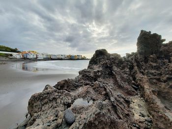 Black sand beach in the north of santa cruz de tenerife on a cloudy day