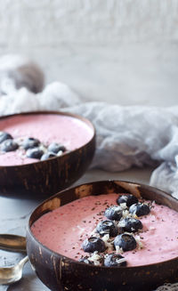 High angle view of ice cream in bowl on table