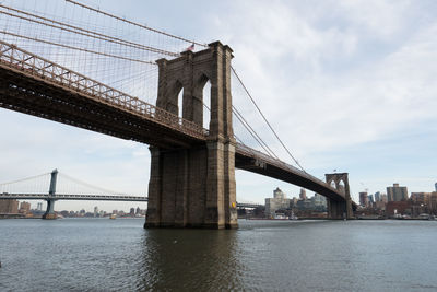 Suspension bridge over river against cloudy sky