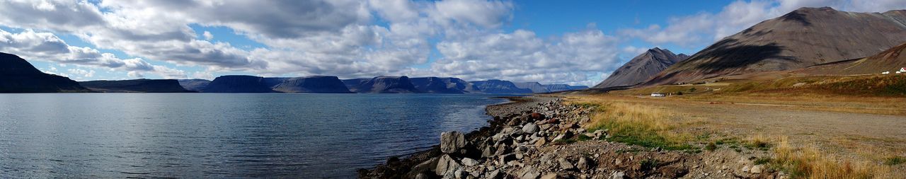 Panoramic shot of calm countryside lake against mountain range
