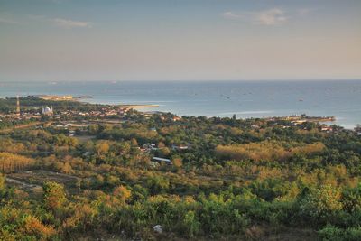 High angle view of trees and sea against sky