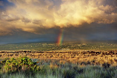 Scenic view of rainbow against sky during sunset