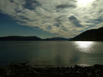 Scenic view of lake against cloudy sky