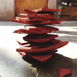 Close-up of stack on table