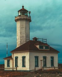 Lighthouse by sea against sky