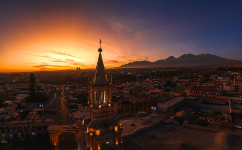 Aerial drone view of arequipa main square and cathedral church at sunset. arequipa, peru.