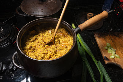 High angle view of food on stove