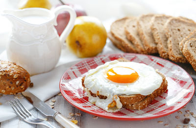 Close-up of breakfast served on table