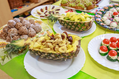 High angle view of food in plate on table