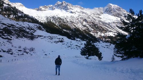 Rear view of person on snow covered mountain