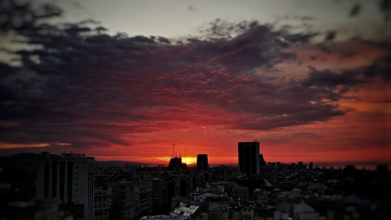 AERIAL VIEW OF CITYSCAPE AGAINST SKY DURING SUNSET