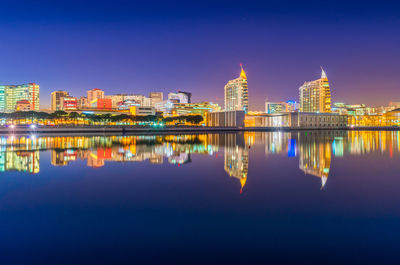 Reflection of illuminated buildings in water at night