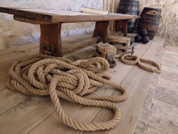 High angle view of rope on table