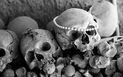 Close-up of jewelry on damaged human skull