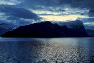 Scenic view of sea and mountains against sky