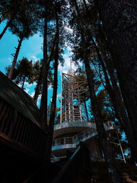 Low angle view of trees and building against sky