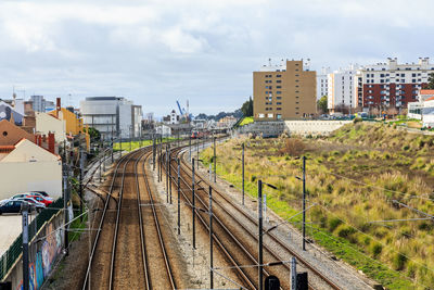 High angle view of railroad tracks amidst buildings in city