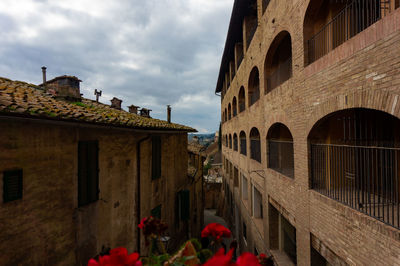 Rear view of woman standing in front of building against sky