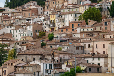 High angle view of houses in town