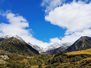 Scenic view of snowcapped mountains against sky