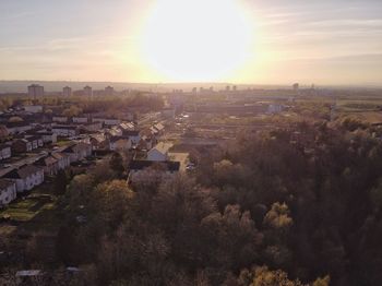 High angle view of townscape against sky during sunset