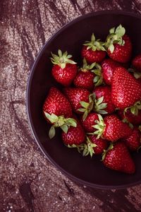 High angle view of strawberries in bowl