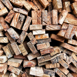 Full frame shot of wooden logs in forest