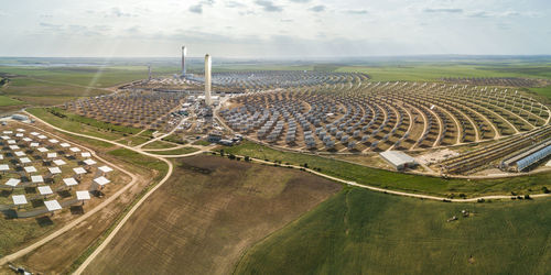 High angle view of agricultural field against sky