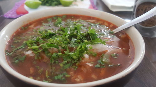 High angle view of soup in bowl on table