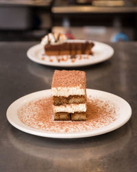 Close-up of cake served on table