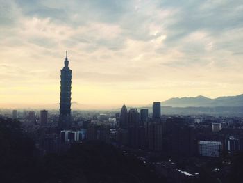 City skyline at sunset