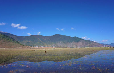 Scenic view of land and mountains against blue sky