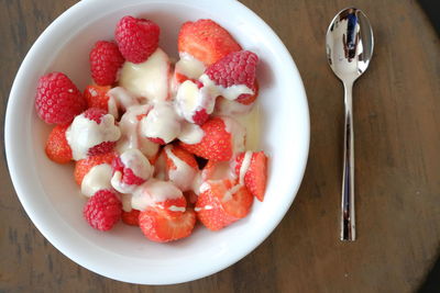 High angle view of strawberries in bowl