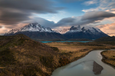 Scenic view of snowcapped mountains against sky