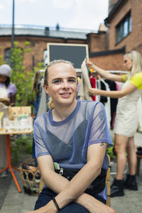 Young man at yard sale