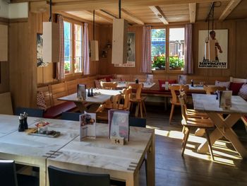 Empty chairs and tables in restaurant