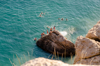 High angle view of rocks on sea shore