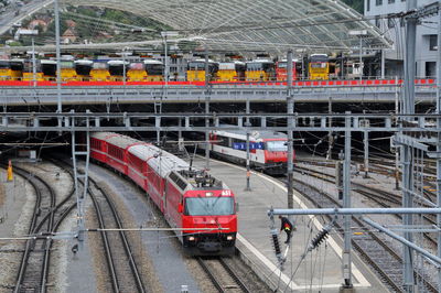 High angle view of train at railroad station