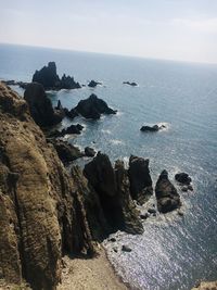 Rocks on sea shore against sky