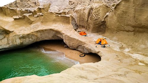 High angle view of rock formation in water
