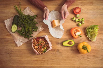 High angle view of chopped vegetables on cutting board