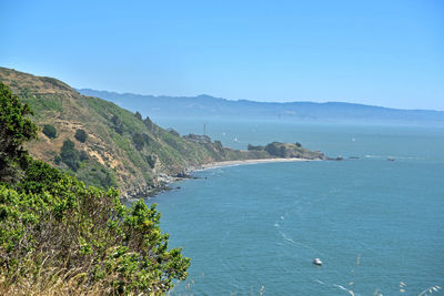 High angle view of sea against clear blue sky