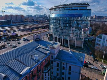 High angle view of buildings in city against sky