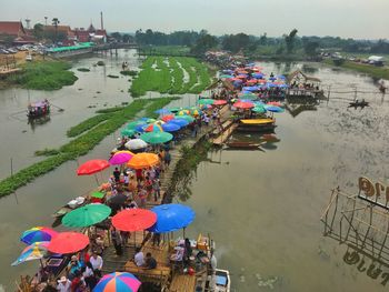 High angle view of people on boat in river