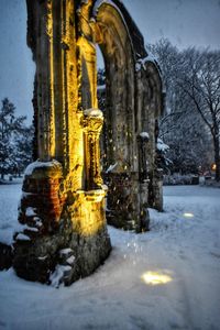 Illuminated building by frozen trees during winter at dusk